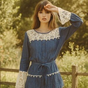 Ryu Blue and White Jean Jacket with Lace Details